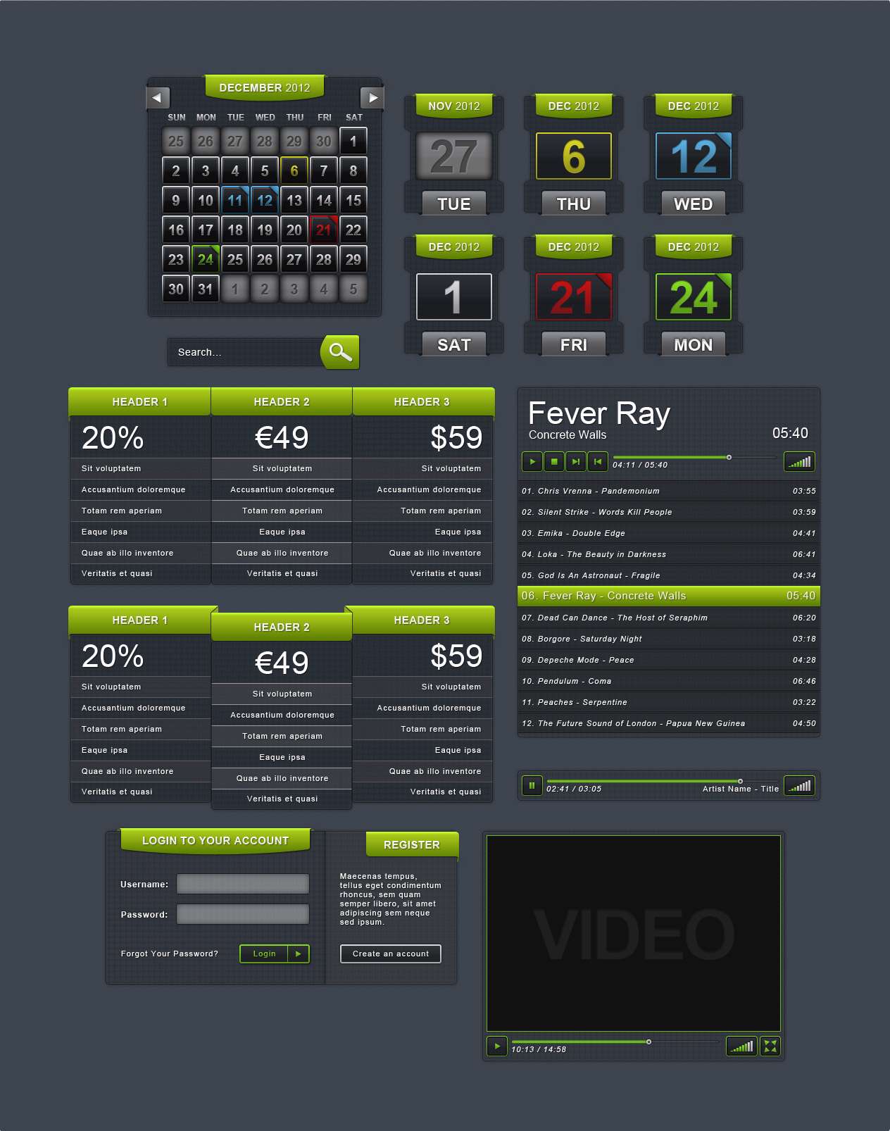 دکمه ها و باکس های لایه باز جهت طراحی یک سایت ویدئویی