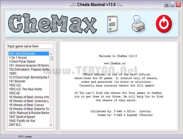 کدهای تقلب بازی‏های کامپیوتری، CheMax 13.9