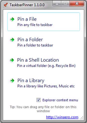 پین کردن فولدر و نرم افزار به تسکبار ویندوز، Taskbar Pinner 1.1.0.0
