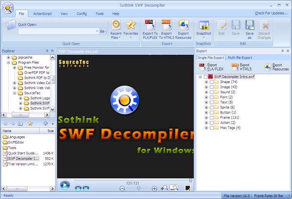 تجزیه و استخراج سورس فایل فلش، Sothink SWF Decompiler 7.4 Build 5217