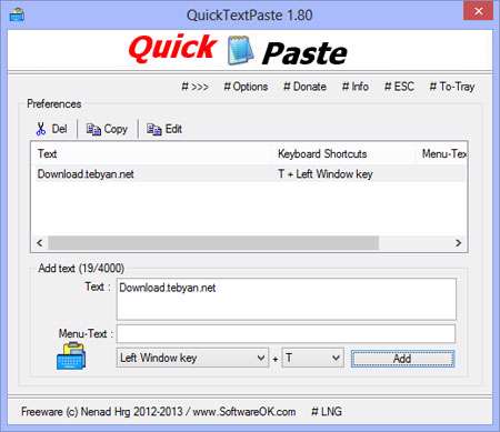 کلید میانبر برای درج متن، QuickTextPaste 1.80