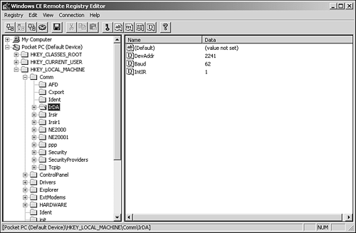 The Windows CE Remote Registry Editor connected to a PocketPC device.