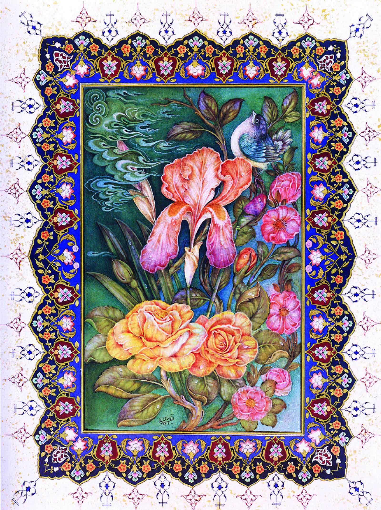نقاشی مینیاتوری گل و بلبل